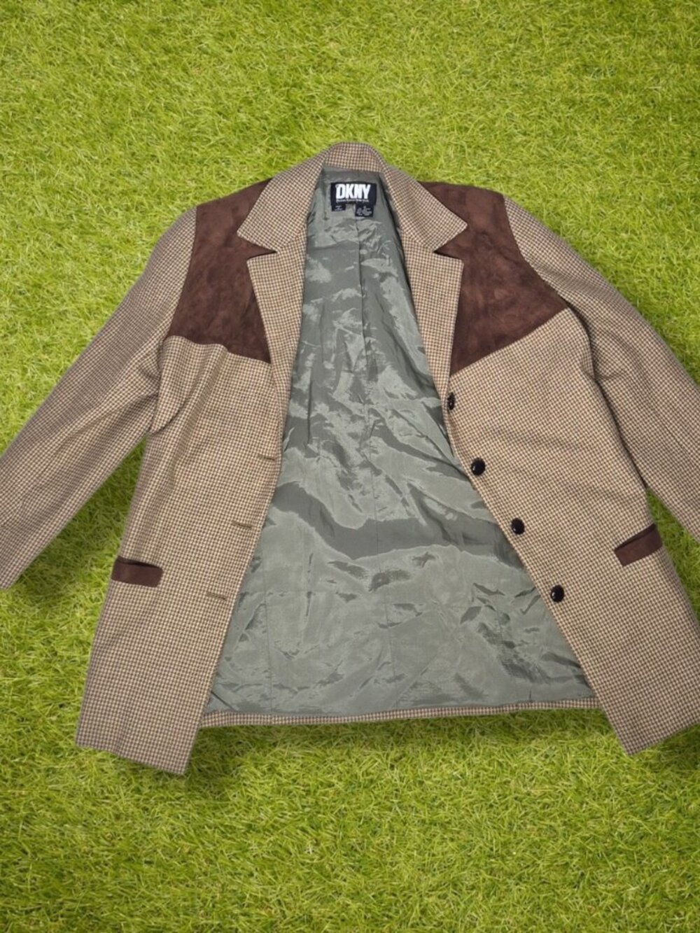 DKNY Donna Karan Vintage Houndstooth Wool Cashmere Blazer Brown Suede Trim Size